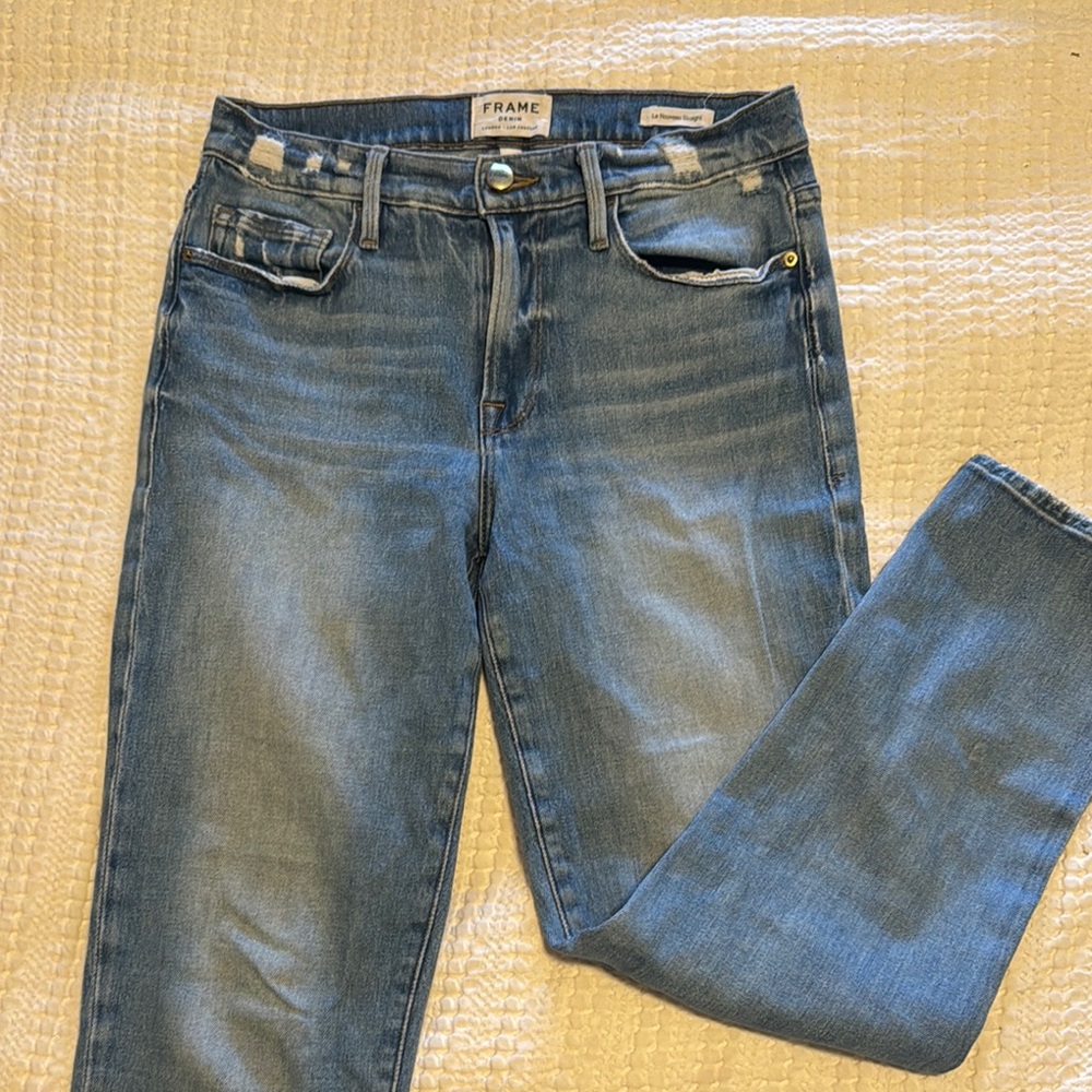 Frame Denim Blue Straight Leg Jeans with Natural Fading